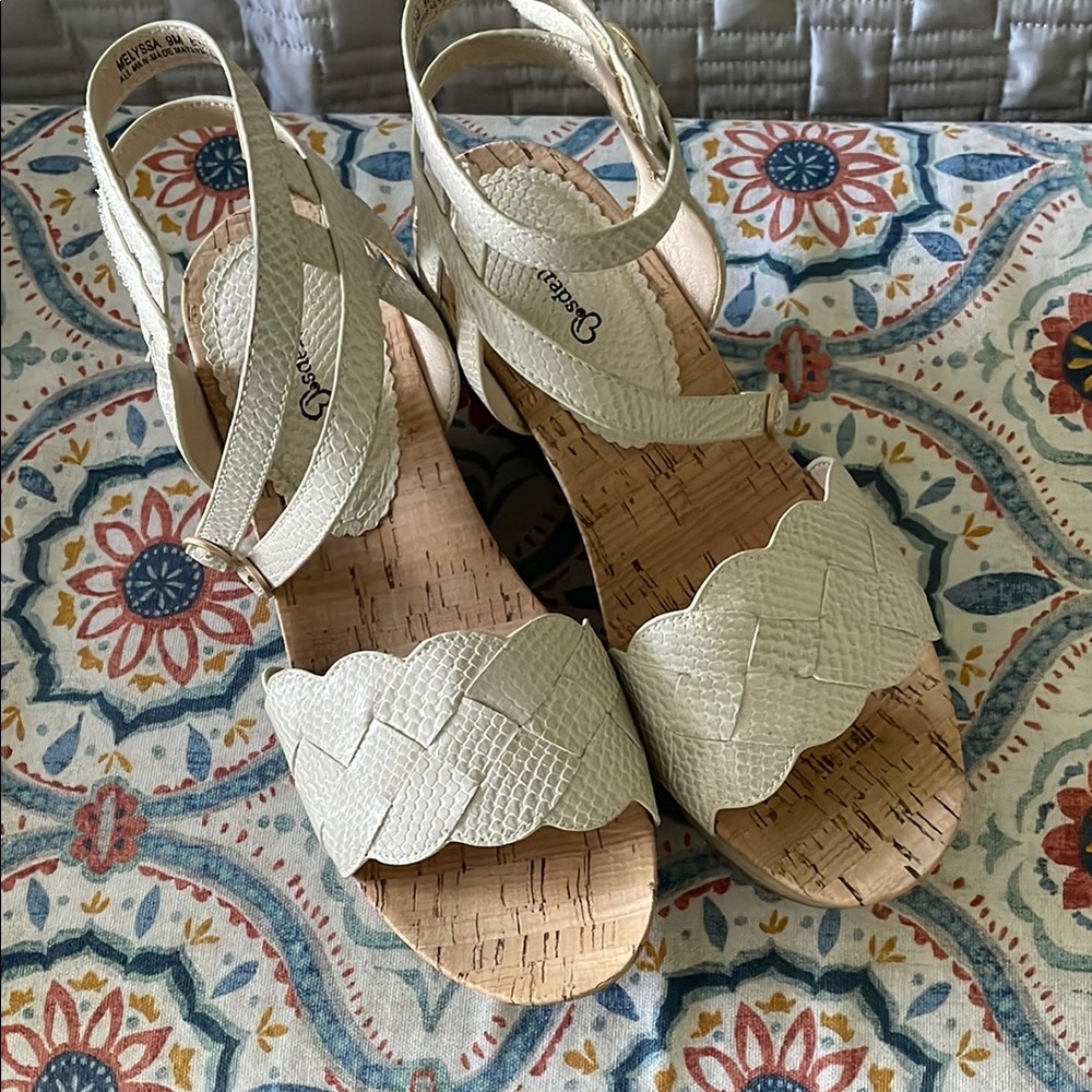 BareTraps Cream Sandals with Cork Wedge